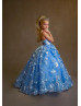 Blue Beaded Lace Tulle Blossom Flower Girl Dress